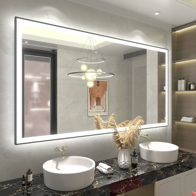 Front & Back LED Anti-Fog Tempered Glass Framed Bathroom/Vanity Mirror 3-Year Warranty - 66" x 36"-Square Corner - Black