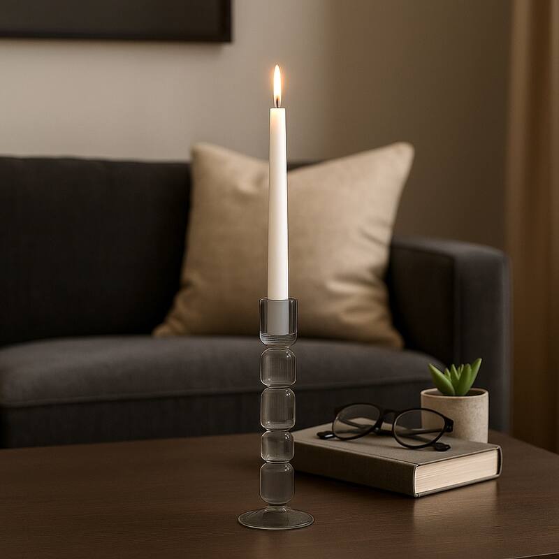 Modern Candle Holder with Stacked Sculptural Glass Base - Smoke