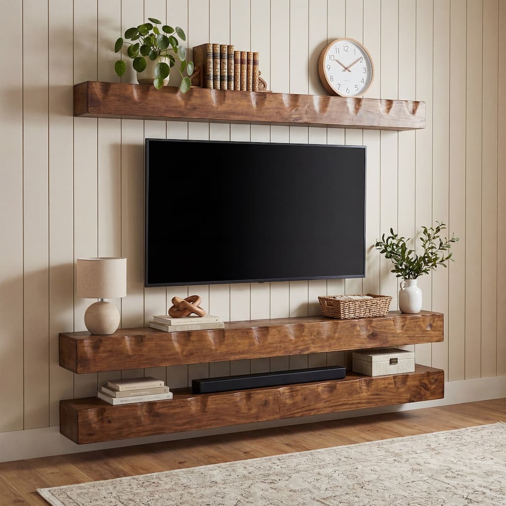 Solid Wood Floating TV Stand Wall Mounted, 63" Farmhouse Entertainment Center - 7.87" D x 62.99" W x 5.91" H