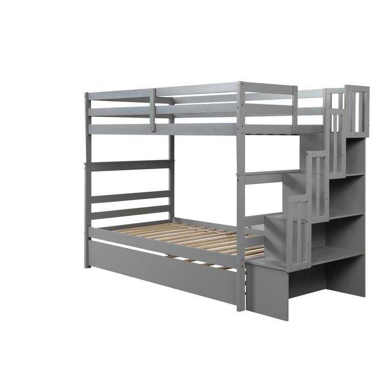 Twin over Twin Wooden Bunk Beds With Twin Trundle and Stairway Storage Function