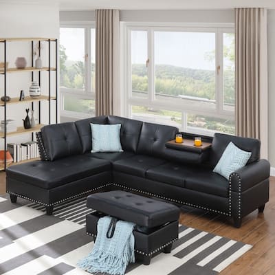 Faux Leather L-Shaped Sectional Sofa with Ottoman&Storage,4-Seater with Cup Holders