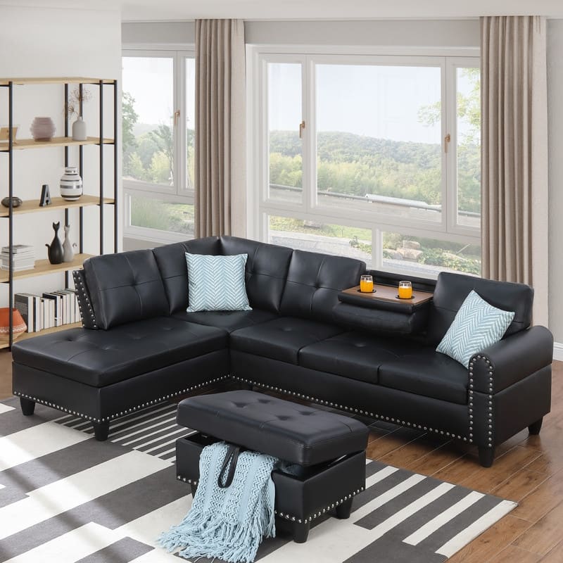 Faux Leather L-Shaped Sectional Sofa with Ottoman&Storage,4-Seater with Cup Holders