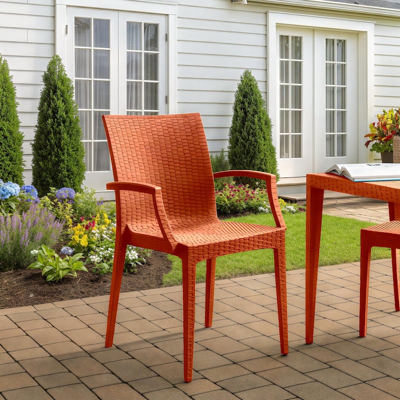 Mace Modern Stackable Patio Dining Arm Chair with Woven Design for Pools, Gardens, or Indoor