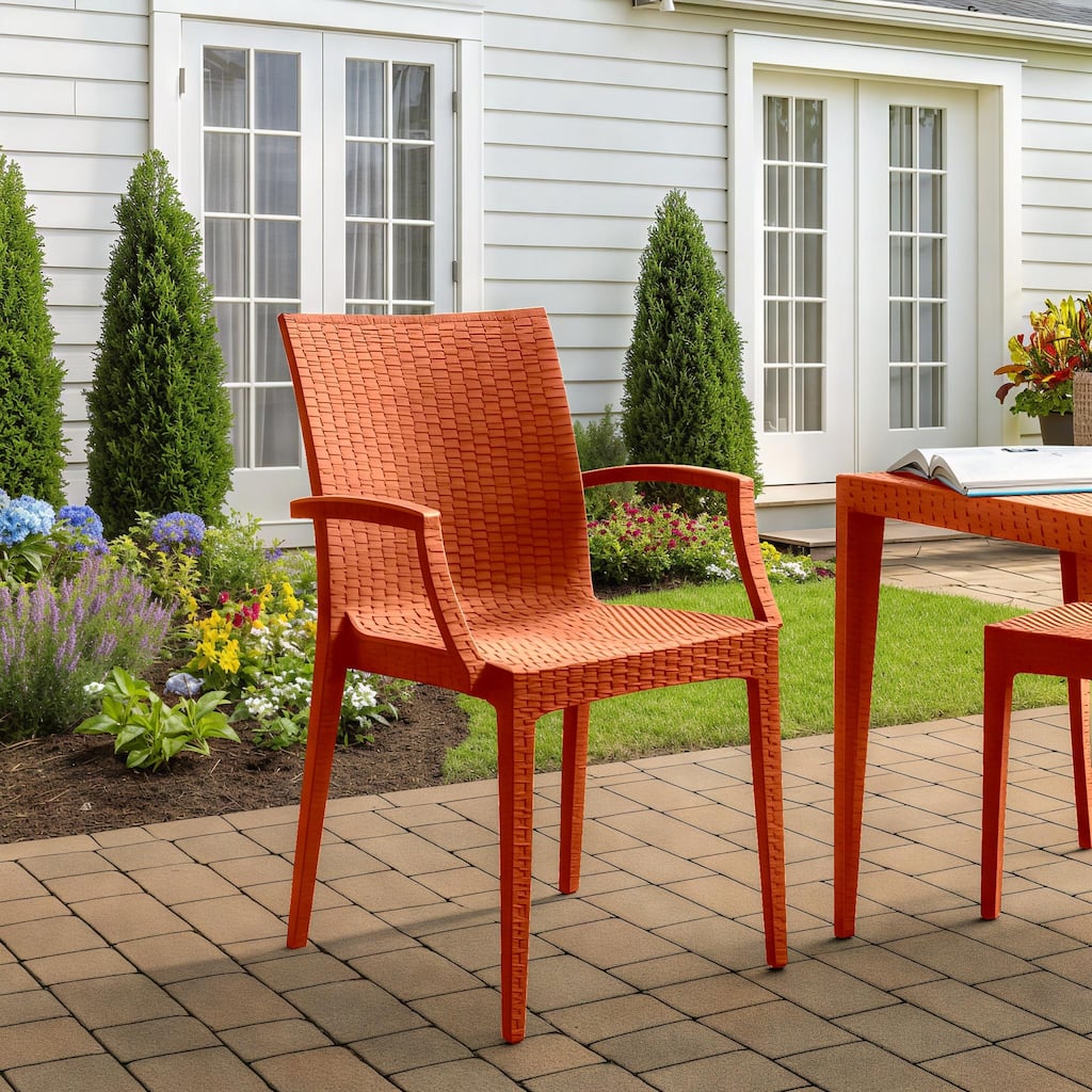 Mace Modern Stackable Patio Dining Arm Chair with Woven Design for Pools, Gardens, or Indoor