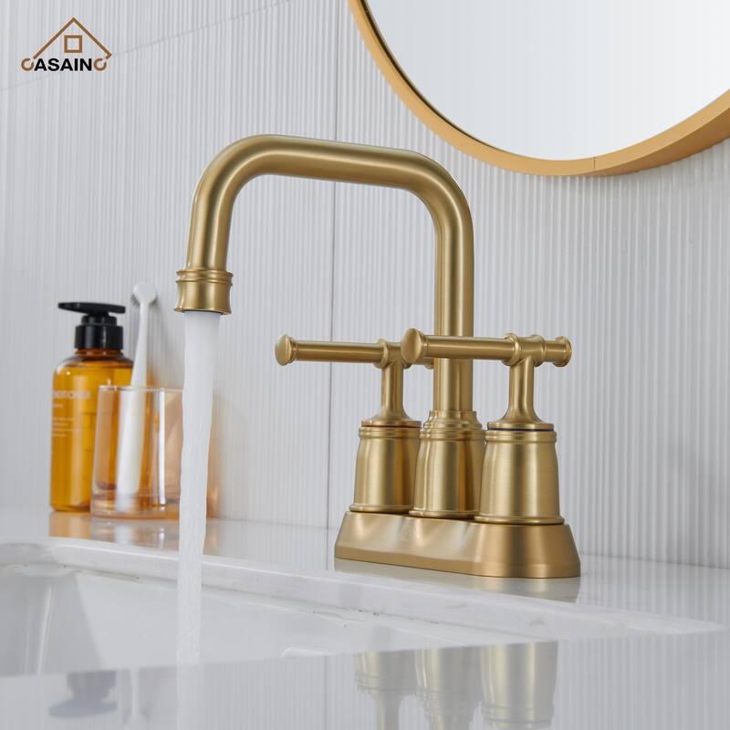 4 in. Centerset Double Handle Bathroom Faucet with Drain Kit Included - Gold