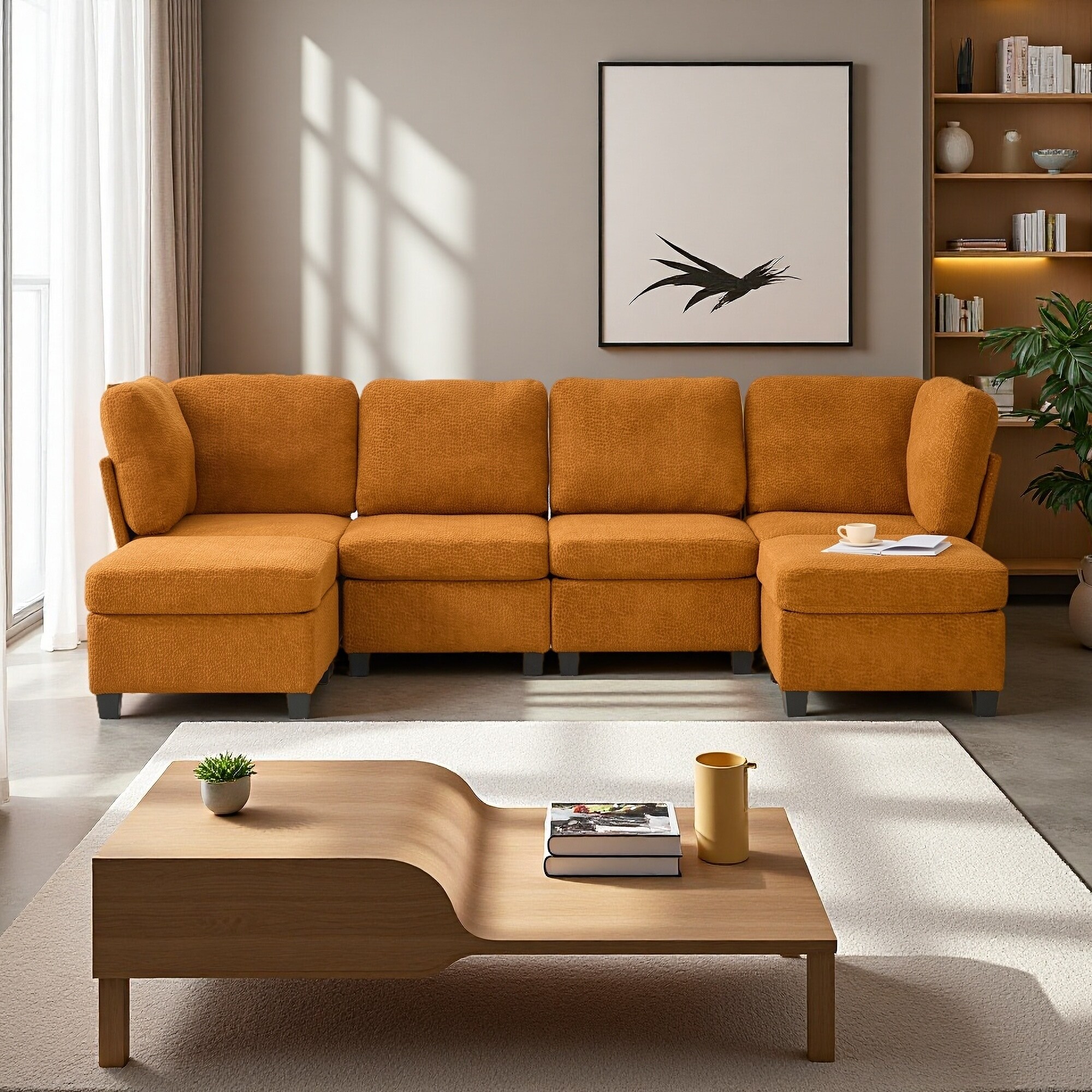 133.5" Polyester Modular 6-Seat Sectional Sofa with Storage Ottoman and Chaise Lounge
