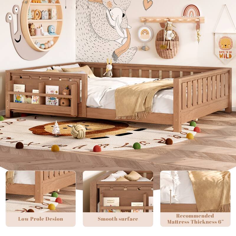 Montessori Floor Bed Low Profile Kids Bed with Rails & Bookshelf