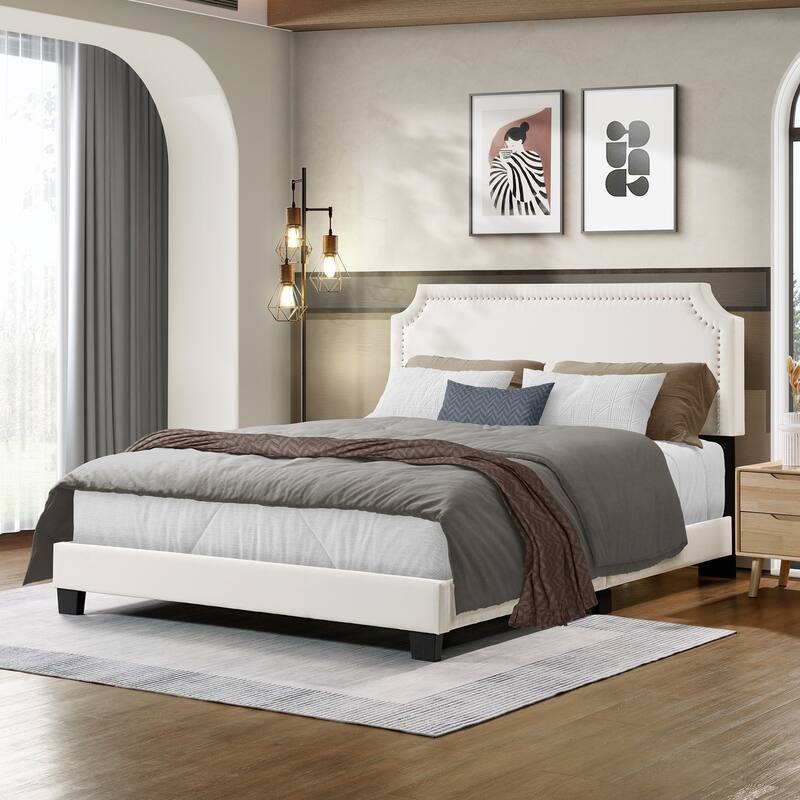 Upholstered Platform Bed Frame with Nailhead Trim/Adjustable Headboard/Solid Wooden Slats Support/No Box Spring Needed - Beige - Beige - Queen