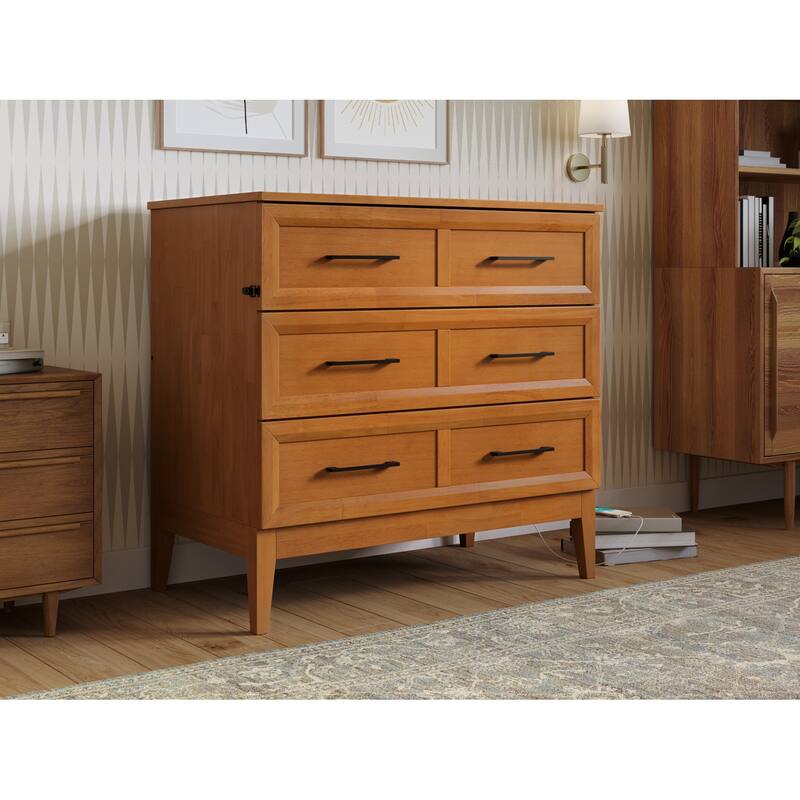 Twin Murphy Bed with Storage Chest & Charger - Solid Wood Folding Bed - Space Saving Furniture