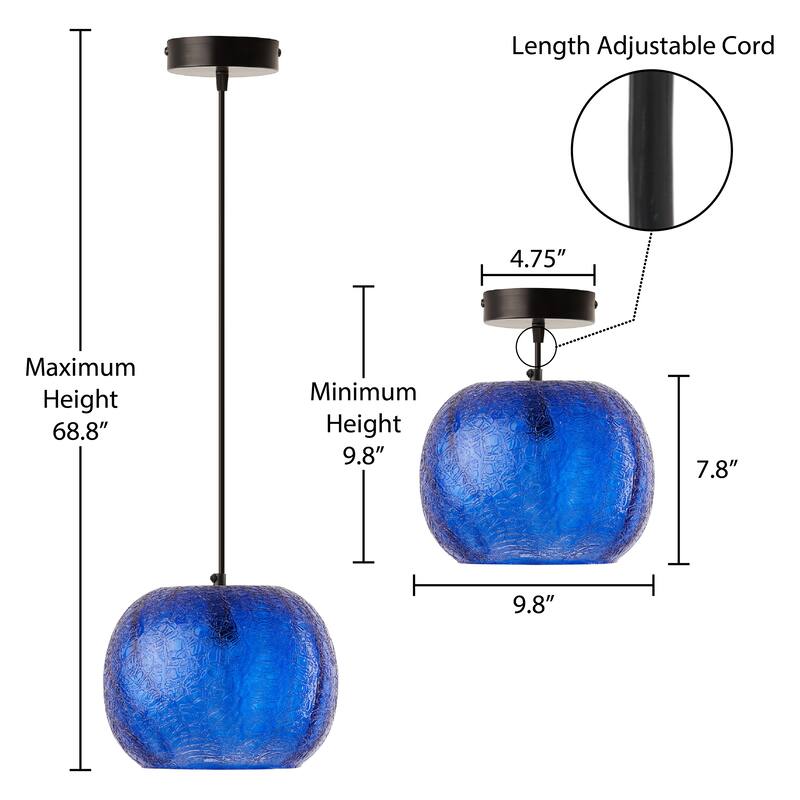 Sophia River of Goods Black Metal and Glass 9.8-Inch Pendant Light with Adjustable Hanging Cord - 9.8" x 9.8" x 9.8/68.8"