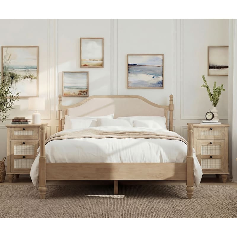 3 Piece Bedroom Set, Queen Size Bed Frame & Set of 2 Nightstands, Oak - A Bed Frame & 2 Rattan Nightstands (14.9")
