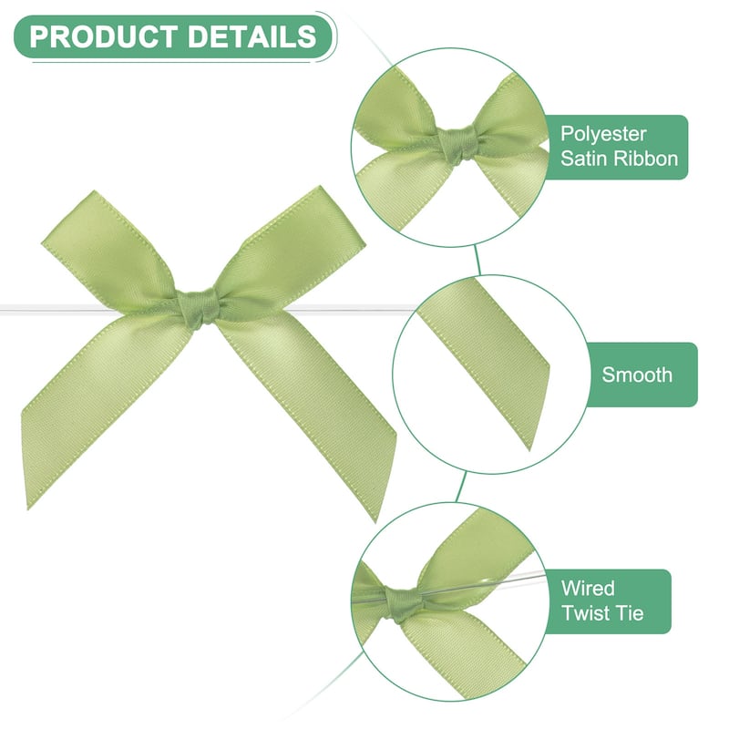 50-Pack Satin Ribbon Twist Tie Bows 2.4x2.8" Bow Twist for Craft - Light Green