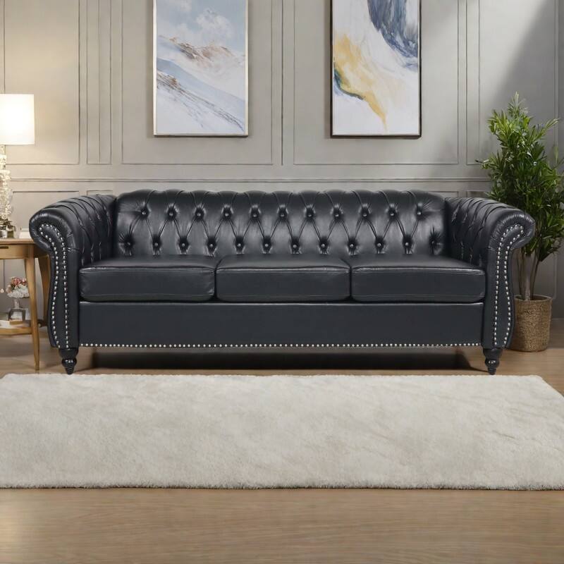 84.65" PU Leather Chesterfield Sofa with Rolled Arms (3-Seater) - Black