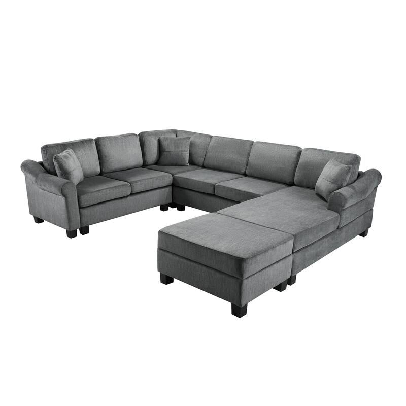 Sectional Sofa 111.8" U-shaped Sofa, Chenille Upholstered Sofa Couch with Movable Storage Ottoman for Living Room