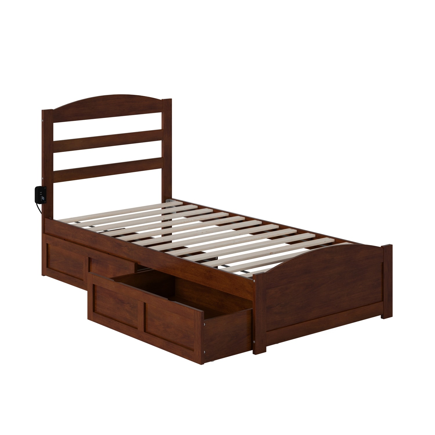 Twin Platform Bed with Drawers - Solid Wood Frame, Walnut Finish - Global
