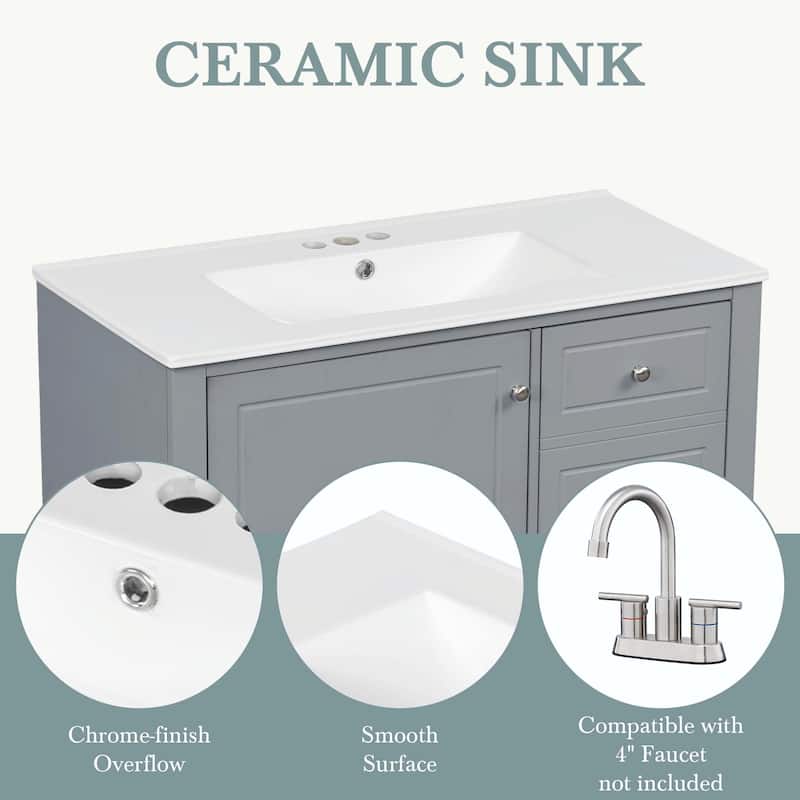 36" Bathroom Vanity with Ceramic Sink, MDF & Solid Wood Base, 3 Drawers and Cabinet with Shelves