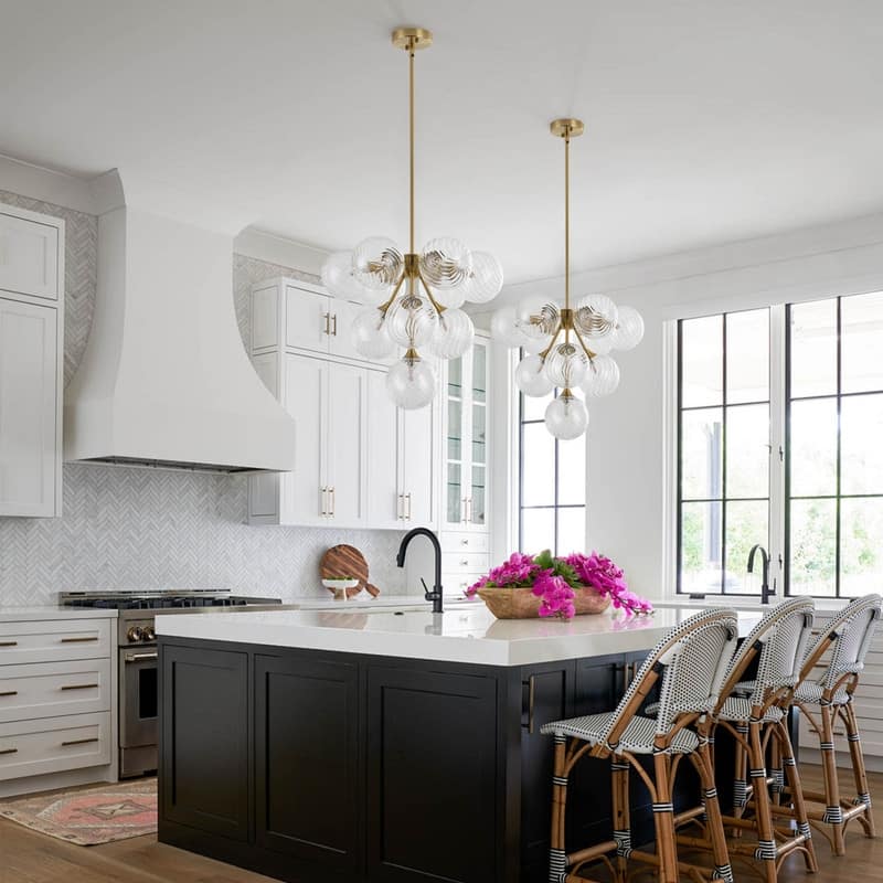 Modern 10-Light Chandelier with Swirl Clear Glass Globes and Brass Finish