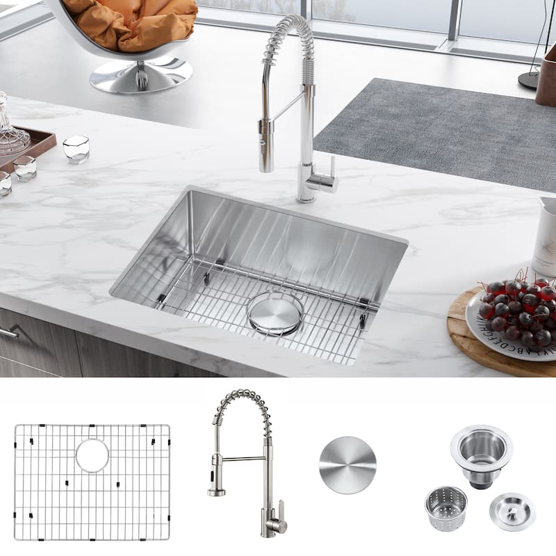304 Premium Stainless Steel Single Bowl Undermount 23'' x 18'' x 9'' Handmade Kitchen Sink Combo With Faucet - 18*25.78*9