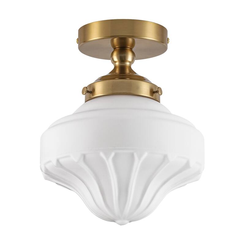 8.7 in. 1-Light Retro Black/Antique Gold Ice-Cream Shaped Semi-Flush Mount Ceiling Light with Opal Textured Glass Shade