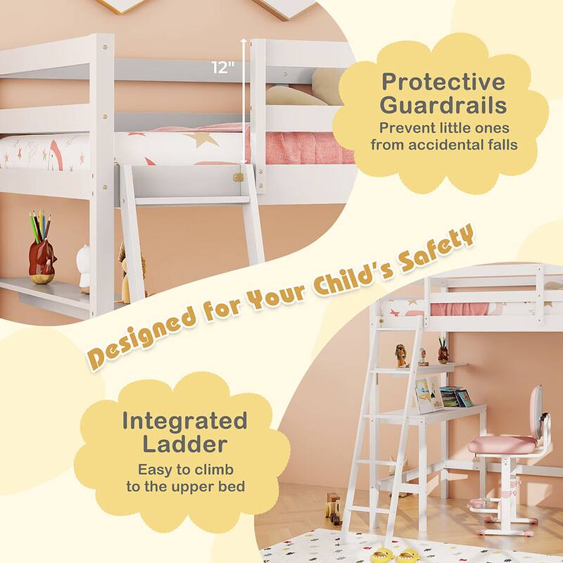 Gymax Twin Size Solid Wood Loft Bed w/ Desk & Bookshelves Ladder &
