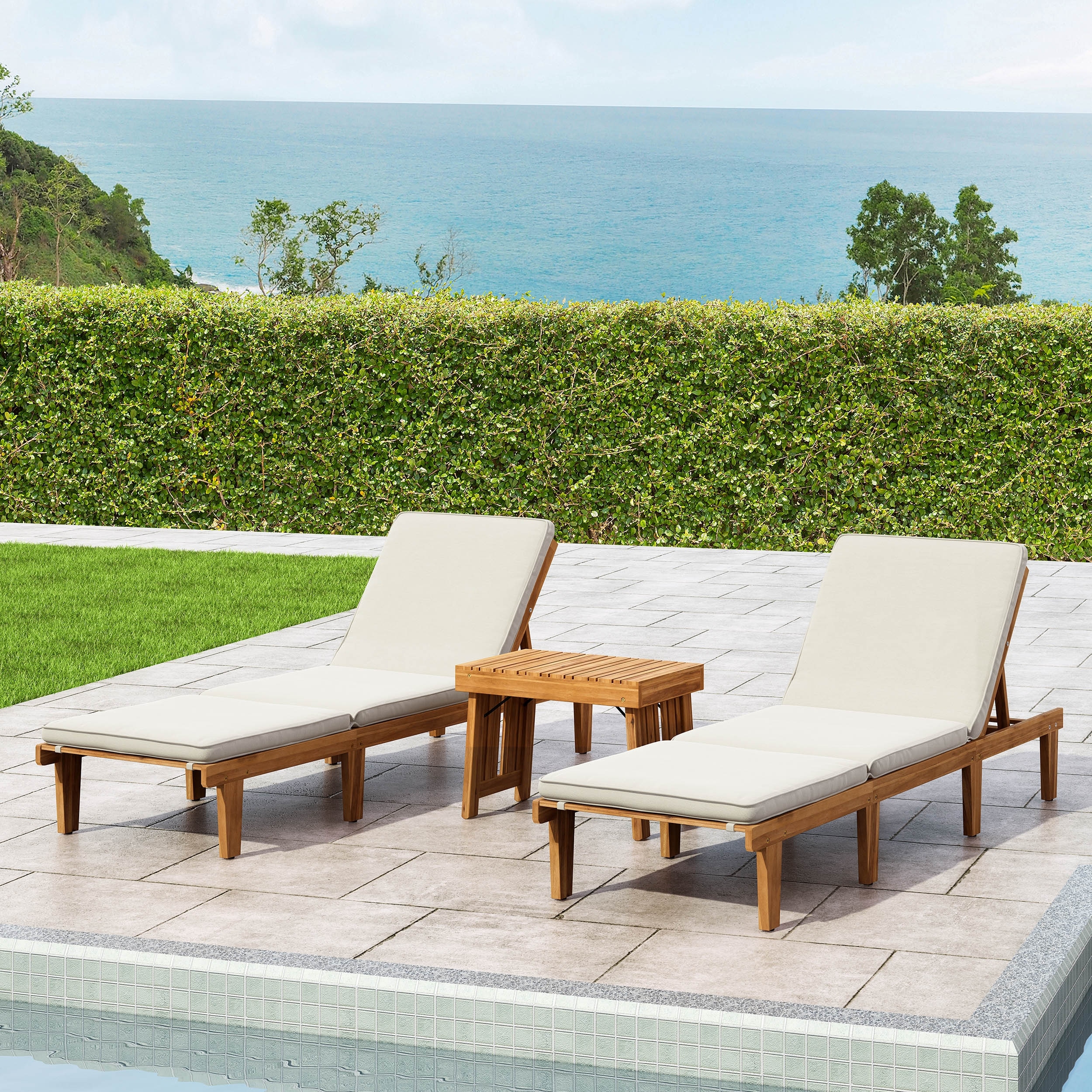 Ariana Outdoor Acacia Wood 3 Piece Chaise Lounge Set with Water