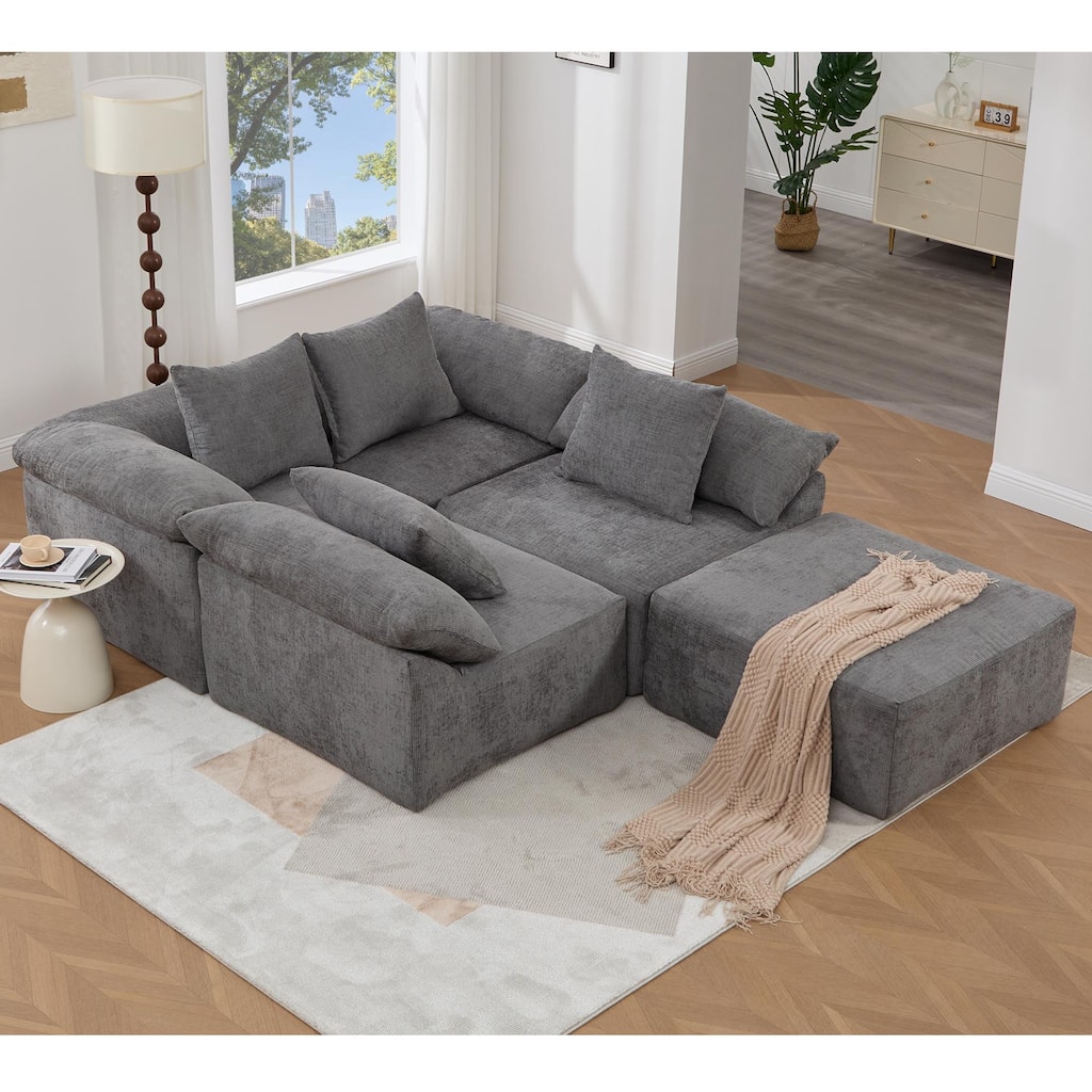 GDFStudio - Chenille L-Shaped Modular 5-Seater Sectional Sofa with Ottoman