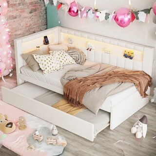 Twin Size Upholstered Daybed with Trundle, USB Ports and LED Belt