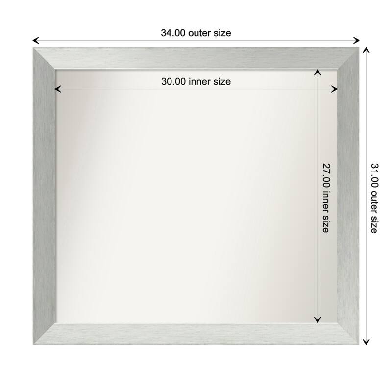 Brushed Sterling Silver Framed Non-Beveled Custom Wall Mirror, Bathroom Vanity Mirror - Outer Size: 34 x 31