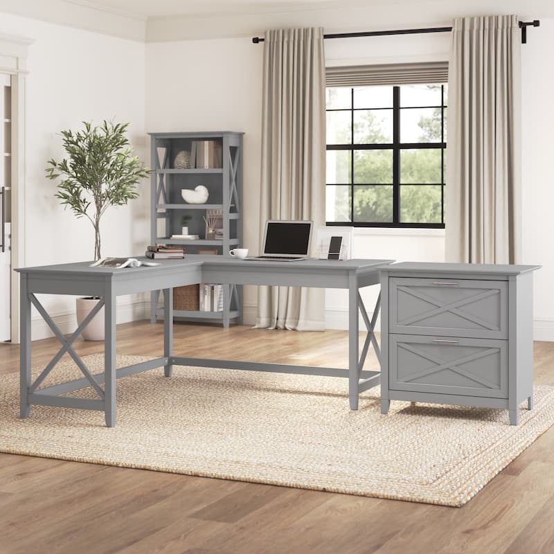Key West 60W L Desk with 2 Drawer File Cabinet by Bush Furniture - Cape Cod Gray