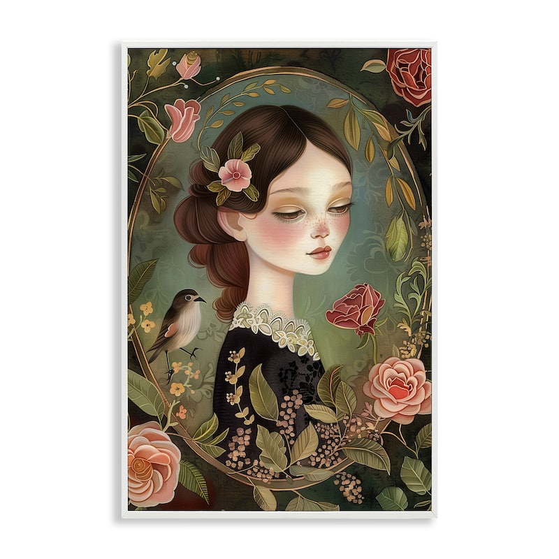 Stupell Vintage Lady & Floral Border Framed Giclee Art Design By The Dutch Lady - 20 x 30 - White