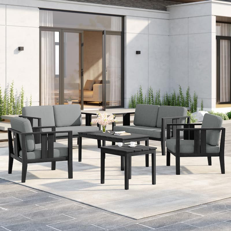 6-Piece Outdoor Furniture Solid Teak Patio Conversation Set with Table - Grey - Blackframe