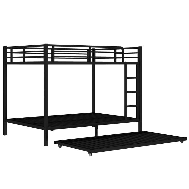 Roomfitters Twin/Full Metal Bunk Bed with Twin Trundle, Space-Saving Design for Teens & Adults, Black