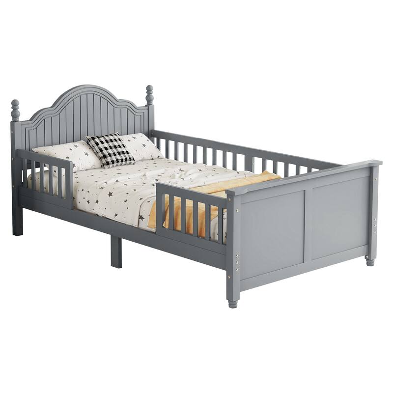 Gray Twin Size Wood Platform Bed with Headboard and Footboard for Kids, Low Profile Design with Safety Guardrails