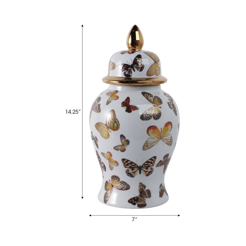 Ceramic Decorative Temple Jar with Lid and Metallic Butterfly Motif