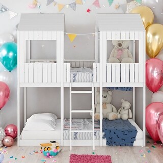 Full Over Full Wood Bunk Bed With Roof,Window,Guardrail And Ladder,Sturdy Construction