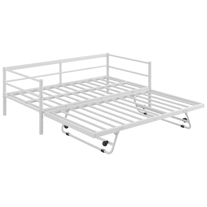 Twin Size Metal Daybed with Light Strip and Adjustable Pop Up Trundle Bed, White Sofa Bed Frame with Solid Metal Slats Support