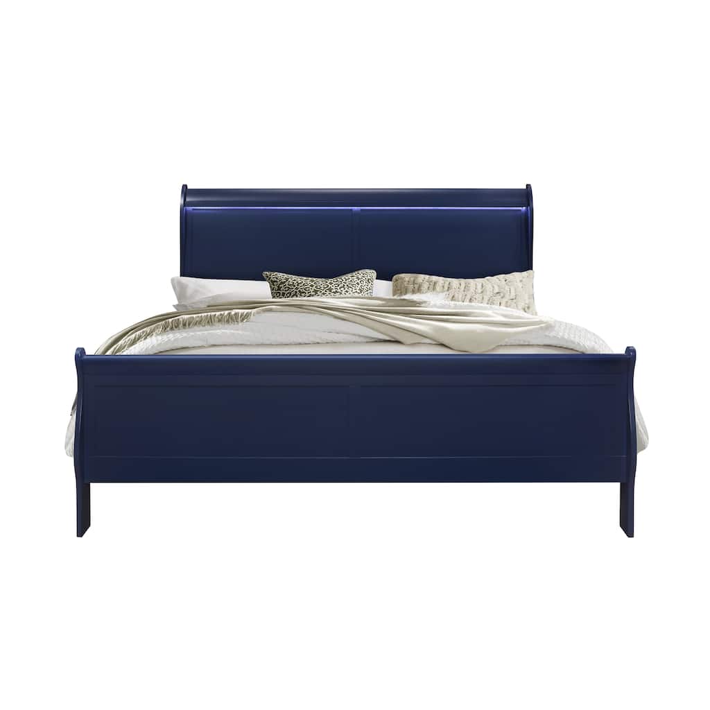 Twin Size Solid Wood Sleigh Bed with LED Lighting and Transitional Design
