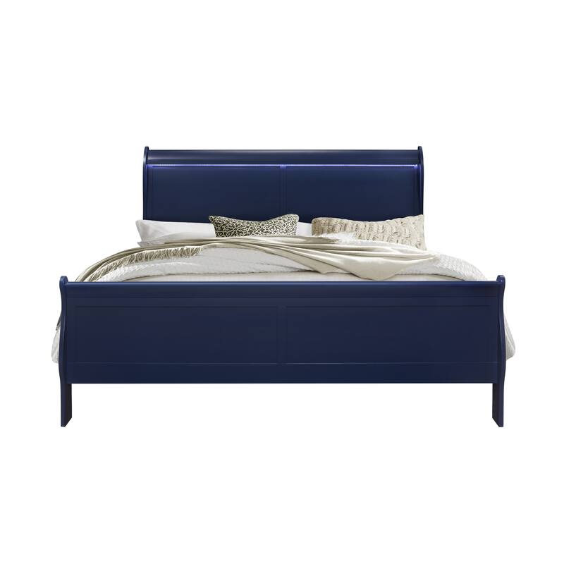 Twin Size Solid Wood Sleigh Bed with LED Lighting and Transitional Design - Blue