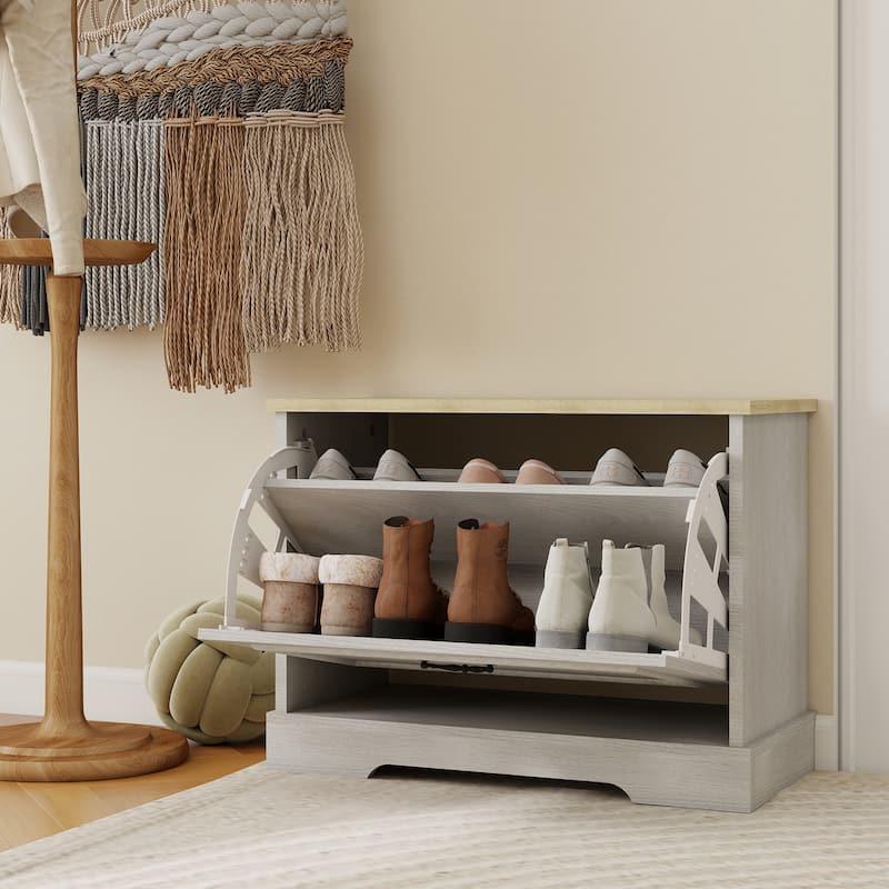 Antique White Shoe Storage Bench Featuring Flip-Up Drawers and Adjustable Shelf for Entryway, Hallway or Bedroom Use