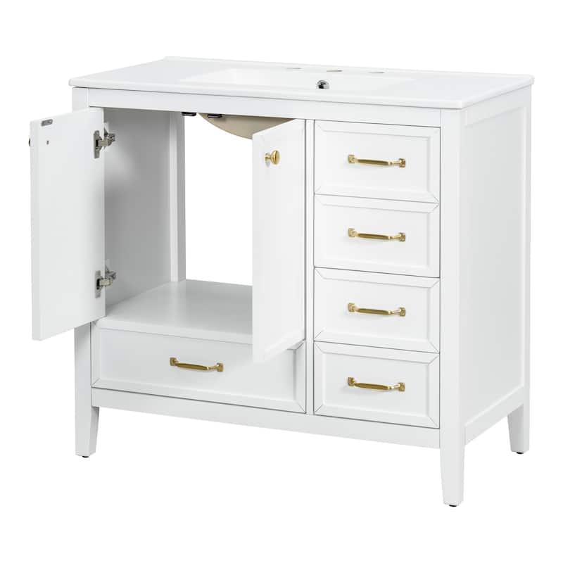 Single Sink Bathroom Vanity Cabinet with 4 Drawers, Cabinet Base & Ceramic Basin Set, 36 Inch