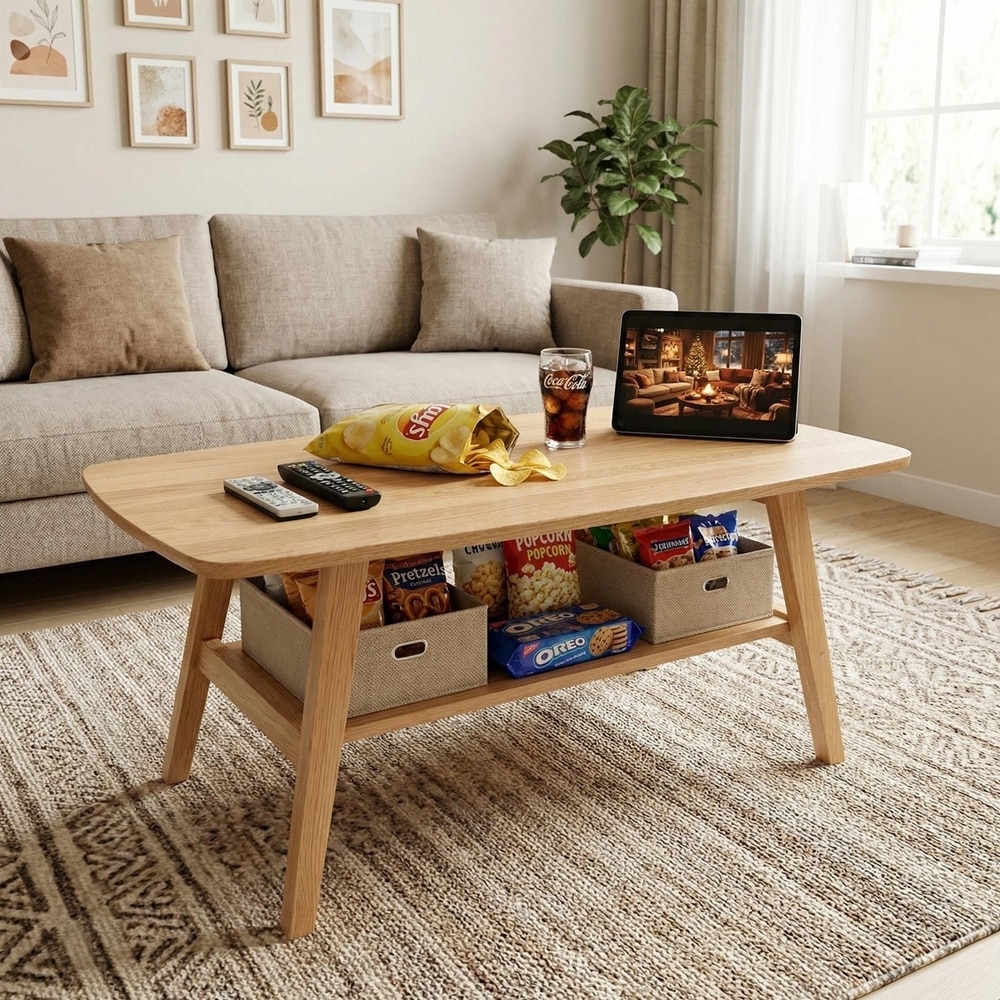 Solid Oak Wood Coffee Table with Storage Shelf