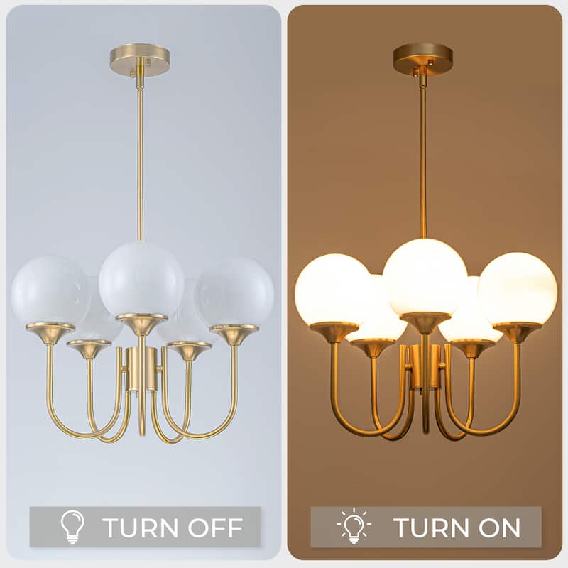 5 Light Gold Globe White Milk Glass Chandelier - 19.6 inch