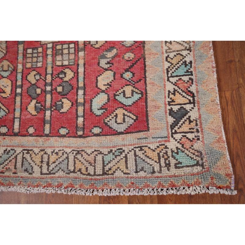 Red Hamedan Persian Vintage Runner Rug Hand-Knotted Wool Carpet - 3'3" x 10'3"