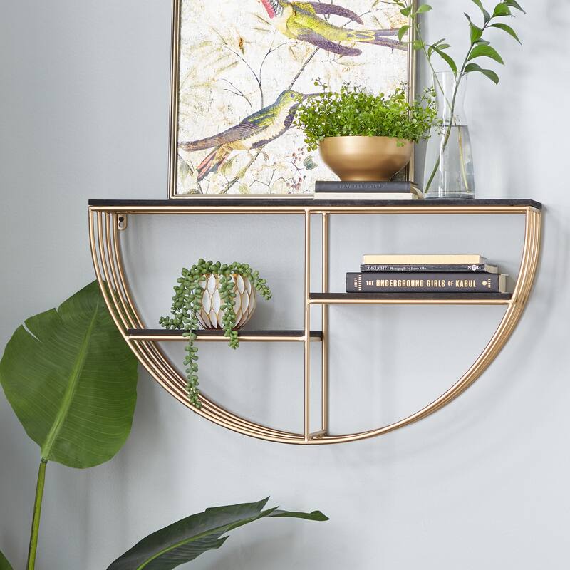 Gold Wooden 3 Shelves Wall Shelf with Half Moon Shape - Gold