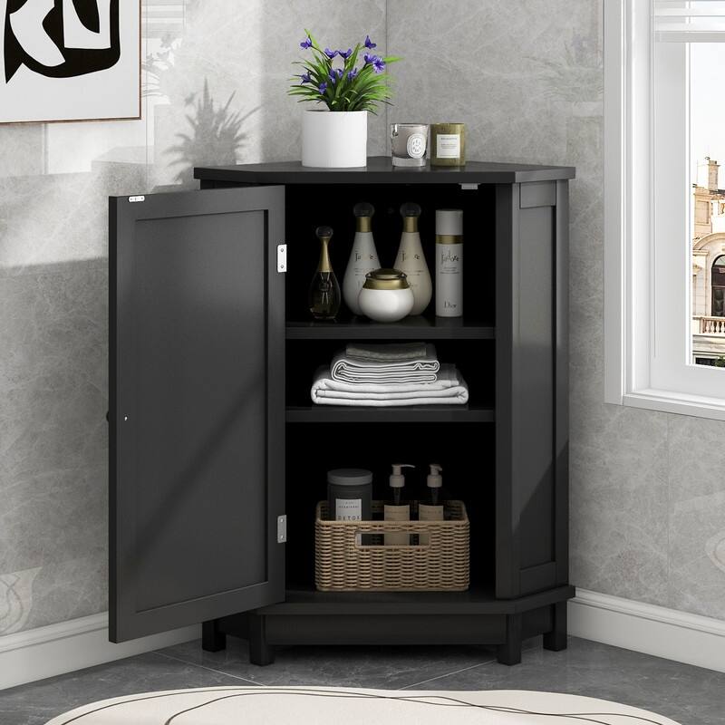 Grondin Modern Style Wooden Triangle Corner Accent Storage Cabinet with Interior Adjustable Shelves for Living Room Bathroom