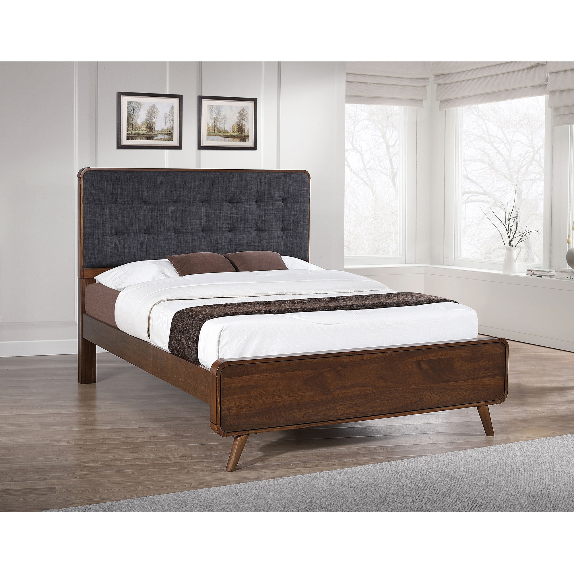 Queen Size Solid Wood Platform Bed with Upholstered Headboard