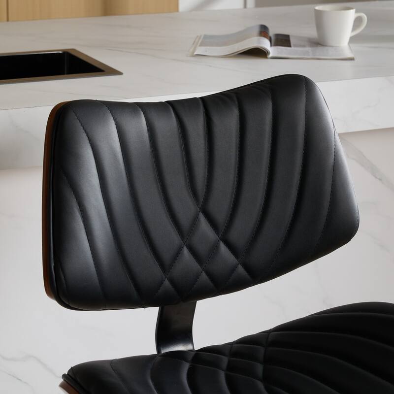 Roomfitters Mid-Century Adjustable Swivel Bar Stool, Walnut Bentwood PU Leather Counter Chair with Ergonomic Back