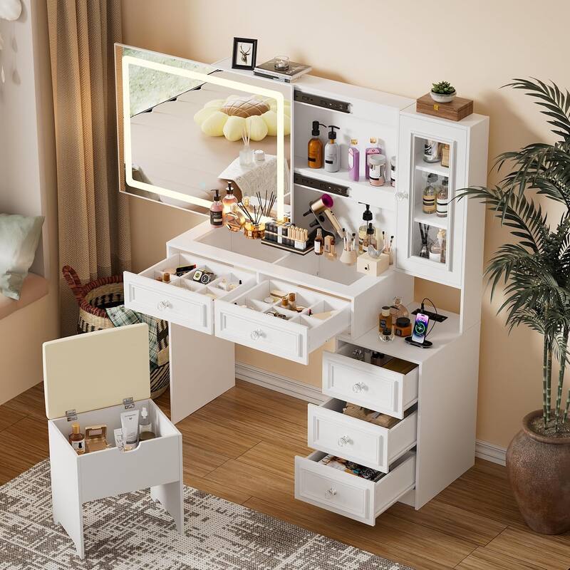 Vanity Desk Set with Sliding Lighted Mirror & Stool, 5 Drawers, Storage Cabinet, Charging Station