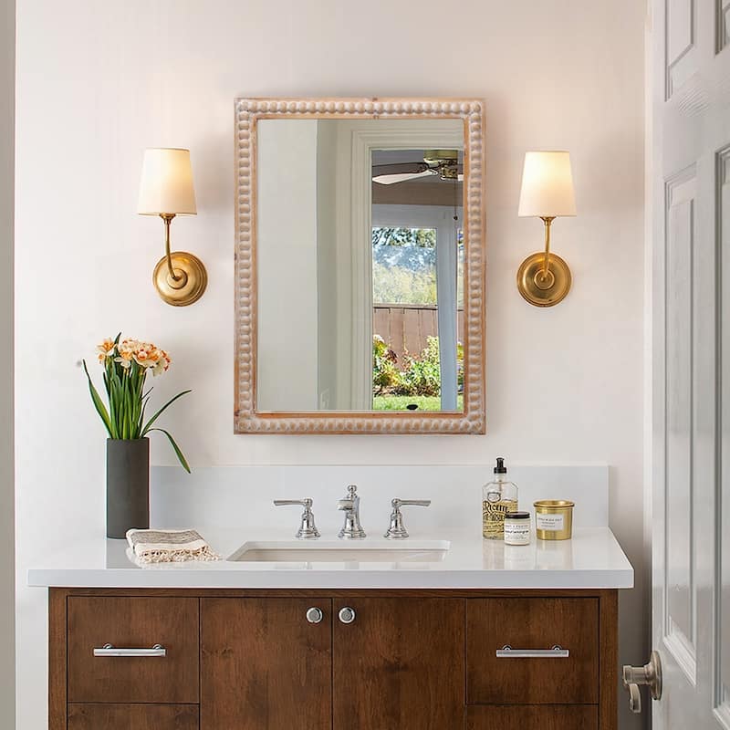 Wooden Frame Wall Mirror Farmhouse Wall Mounted Rectangle Mirror - Antique Natural