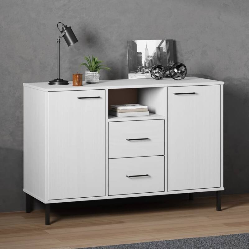 vidaXL Sideboard Buffet Cabinet with Metal Legs for Kitchen Solid Wood OSLO - 44.5" x 15.7" x 30.3" - White